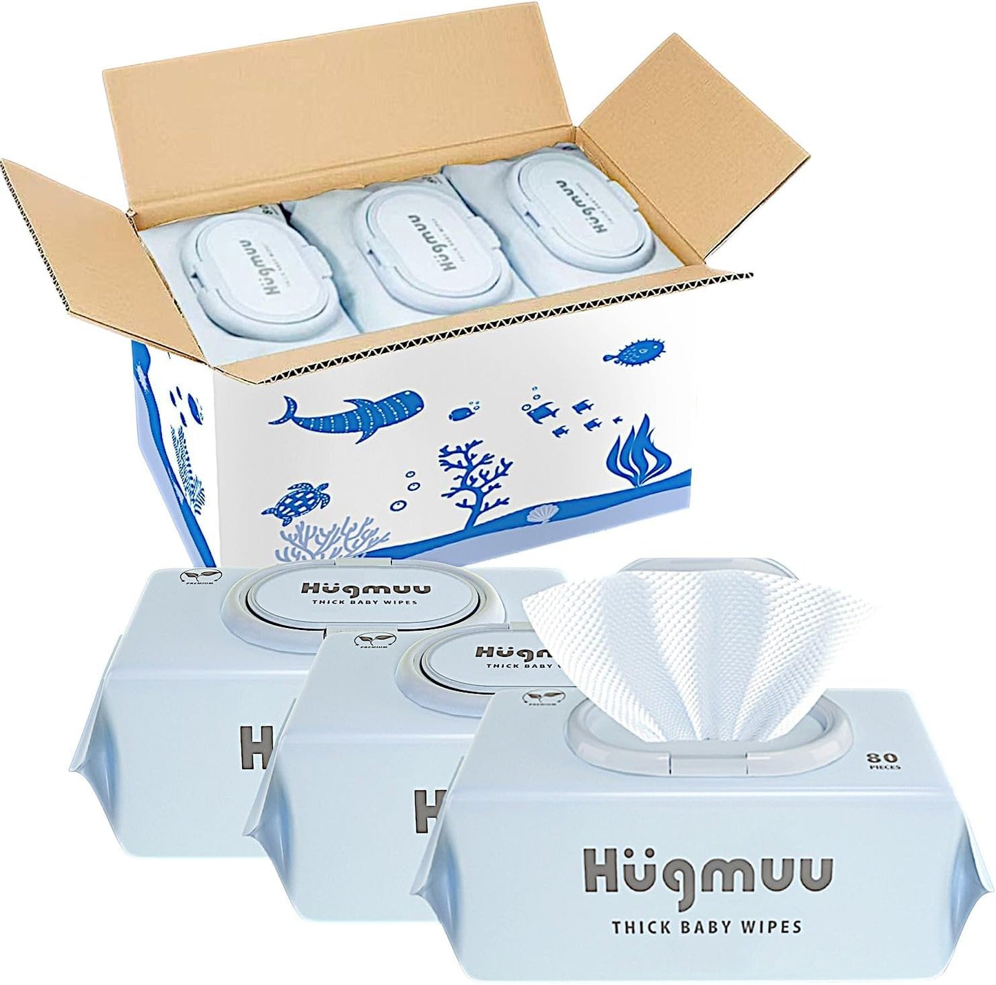 Hugmuu (ハグムー) おしりふき 厚手 (80枚×9個) おしり拭き 大判 蓋付き お尻拭き 赤ちゃん ベビーワイプ ウェットティッシュ 出産祝い タオルのような厚み 水分99% 720枚