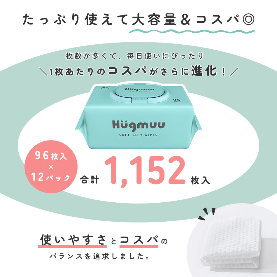 おしりふき おしり拭き ふんわり厚手  1152枚 (96枚×12個セット) 水分たっぷり 大容量 蓋付き ウェットティッシュ 赤ちゃん ベビー 【Hugmuu】ハグムー 純水99% お尻拭き
