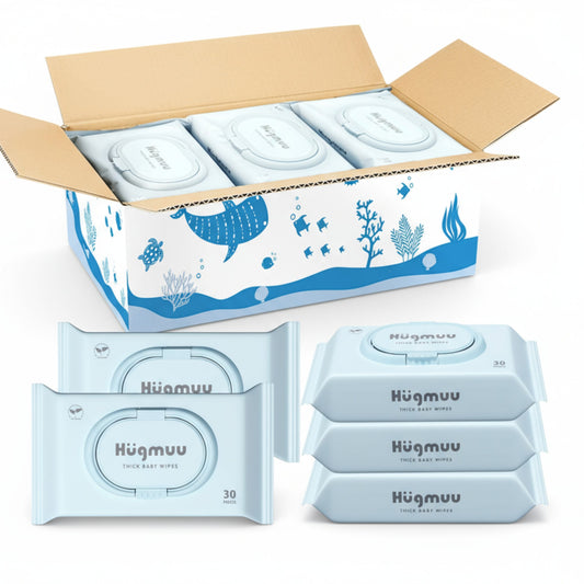 Hugmuu (ハグムー) おしりふき 厚手 おしり拭き おでかけ 蓋付き お尻拭き 赤ちゃん 持ち運び ウェットティッシュ 出産祝い タオルのような厚み 水分99% 270枚(30枚×9個)
