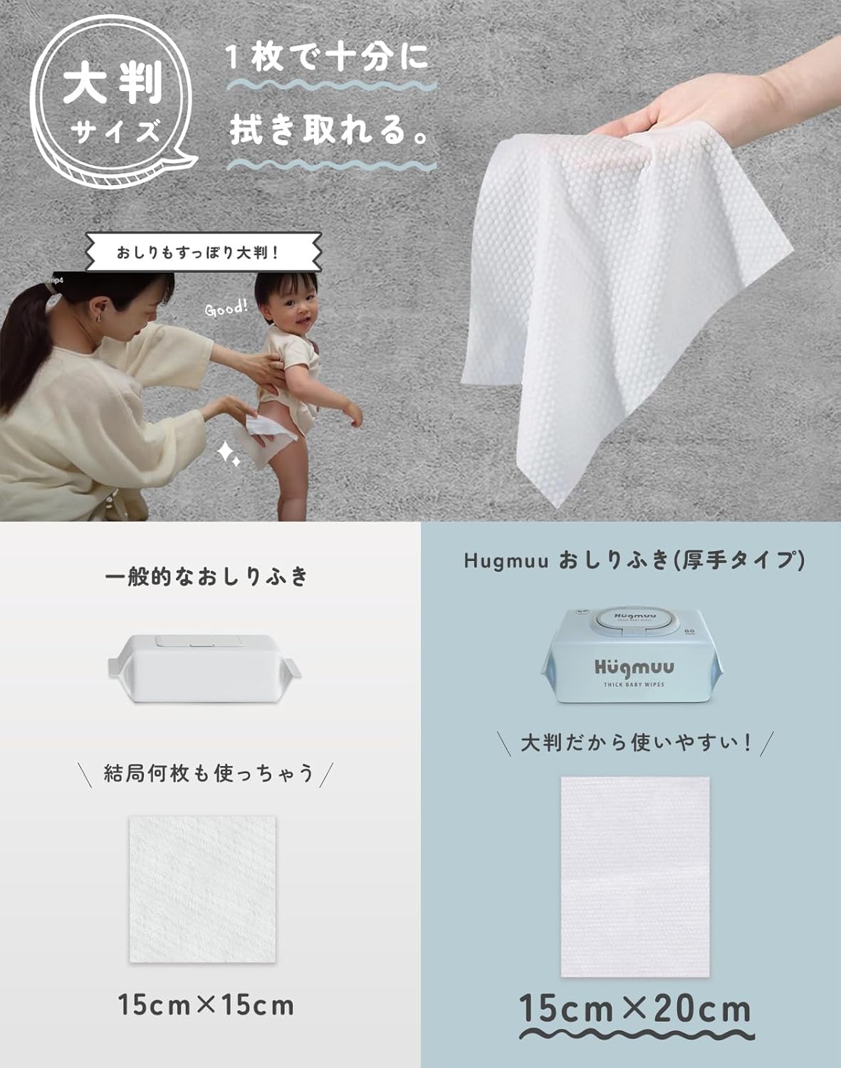 Hugmuu (ハグムー) おしりふき 厚手 (80枚×12個) おしり拭き 大判 蓋付き お尻拭き 赤ちゃん ベビーワイプ ウェットティッシュ 出産祝い タオルのような厚み 水分99% 960枚