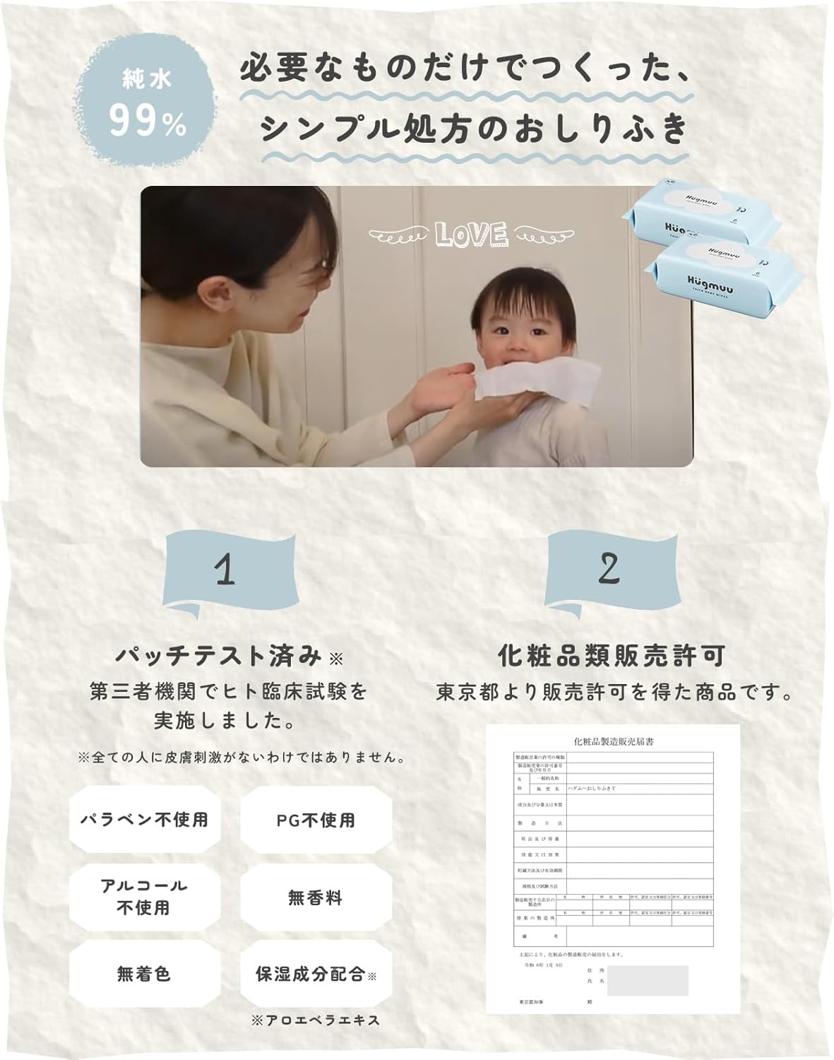 Hugmuu (ハグムー) おしりふき ミニ 携帯用 おしり拭き ミニサイズ 持ち運び 厚手 お出かけ用 手のひらサイズで超コンパクト 水分99% 72枚(6枚×12個)