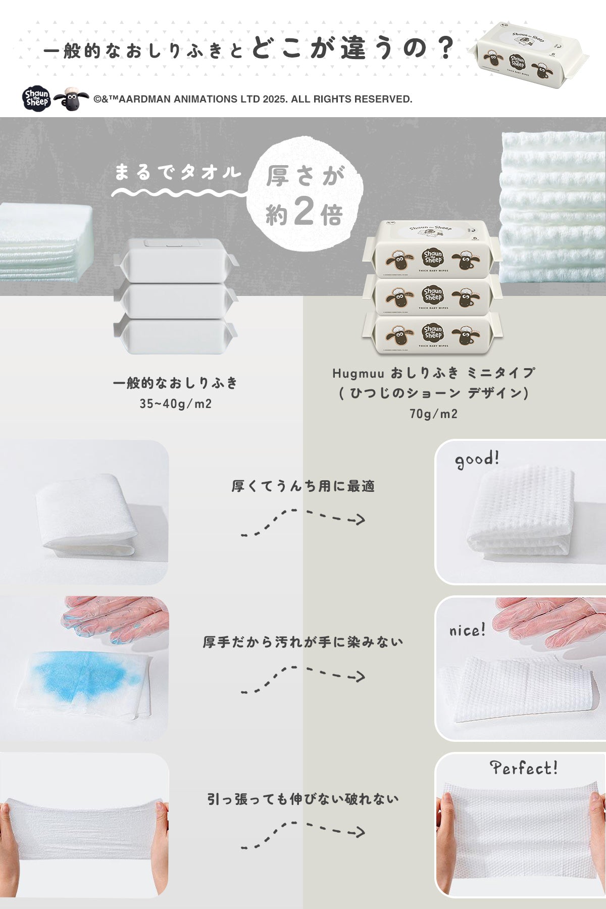 ひつじのショーン おしりふき 限定デザイン 厚手 携帯サイズ 【名刺サイズで超コンパクト】タオルのような厚み 大判 6枚入り ミニサイズ 持ち運び ウェットティッシュ 手口ふき おてふき 水分たっぷり 肌にやさしい お出かけ用 赤ちゃん ベビー Hugmuu ハグムー